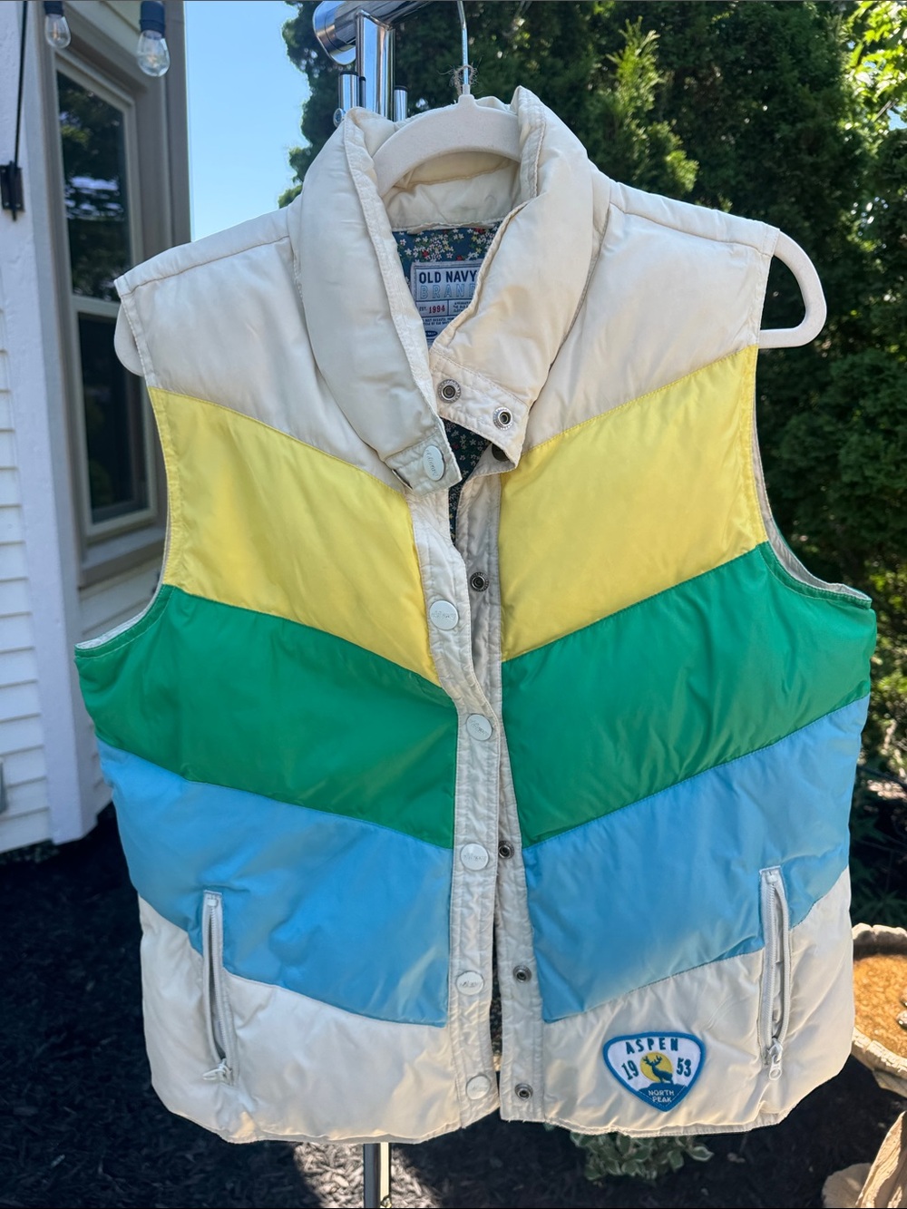 Old Navy Cream, Yellow, Green, Blue Colorblock Puffer Vest